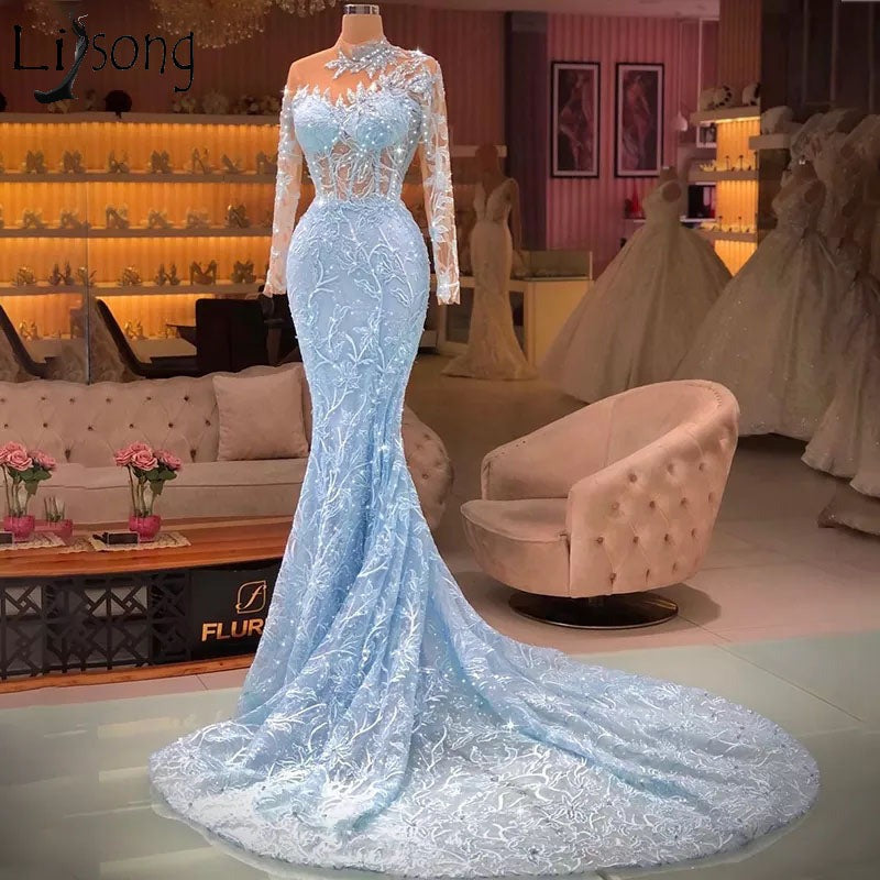 Elegant Sky Blue Long Mermaid High Neck Tulle Lace Prom Dress With Sleeves-showprettydress