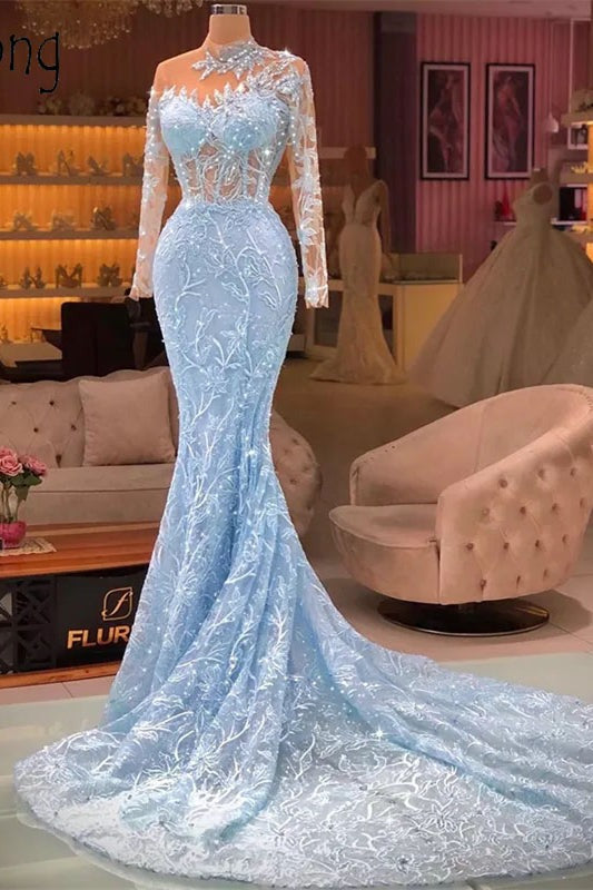 Elegant Sky Blue Long Mermaid High Neck Tulle Lace Prom Dress With Sleeves-showprettydress