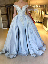 Elegant Sky Blue Mermaid Off-the-Shoulder Prom Dresses Sweetheart Discount Overskirt Evening Dresses On Sale-showprettydress