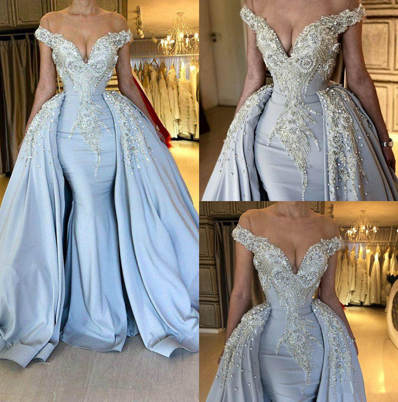 Elegant Sky Blue Mermaid Off-the-Shoulder Prom Dresses Sweetheart Discount Overskirt Evening Dresses On Sale-showprettydress