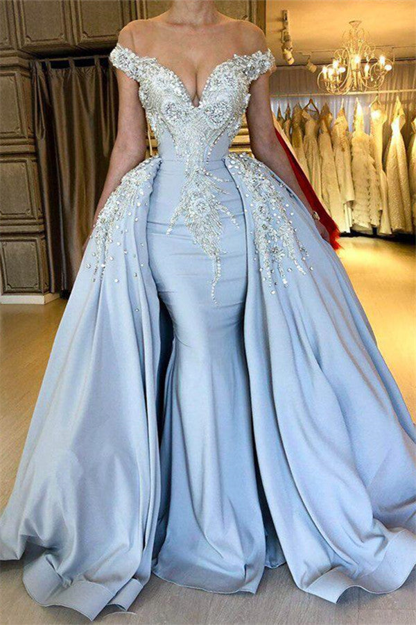 Elegant Sky Blue Mermaid Off-the-Shoulder Prom Dresses Sweetheart Discount Overskirt Evening Dresses On Sale-showprettydress