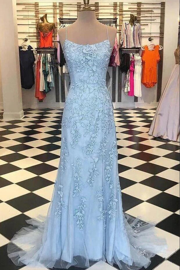 Elegant Sky Blue Spaghetti Strap Lace Applique Simple Long Prom Party Gowns-showprettydress