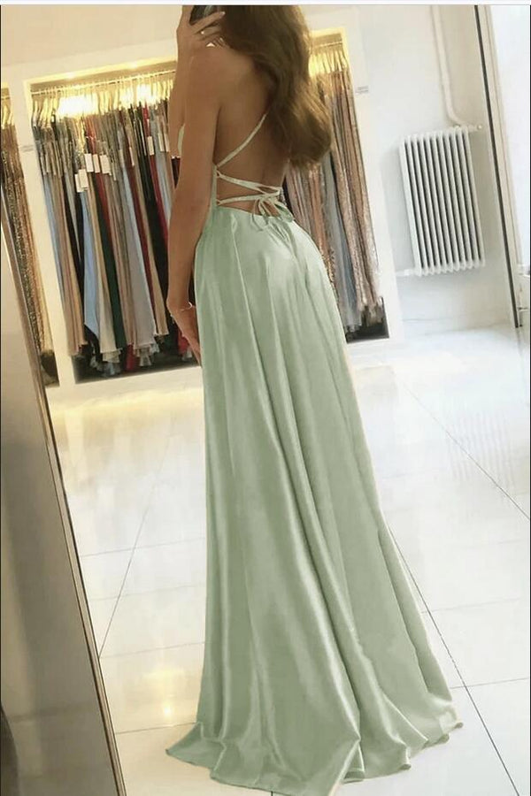 Elegant Spaghetti-Straps Long Prom Dress With Split-showprettydress