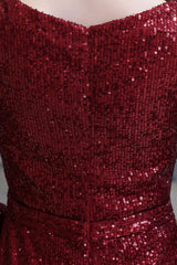 Elegant Sparkle Sequined Burgundy Long Sleeves V-neck Mermaid Long Prom Party Gowns-showprettydress