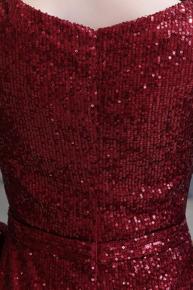 Elegant Sparkle Sequined Burgundy Long Sleeves V-neck Mermaid Long Prom Party Gowns-showprettydress