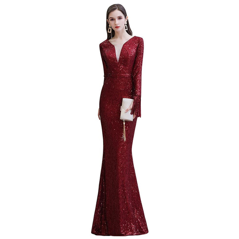 Elegant Sparkle Sequined Burgundy Long Sleeves V-neck Mermaid Long Prom Party Gowns-showprettydress