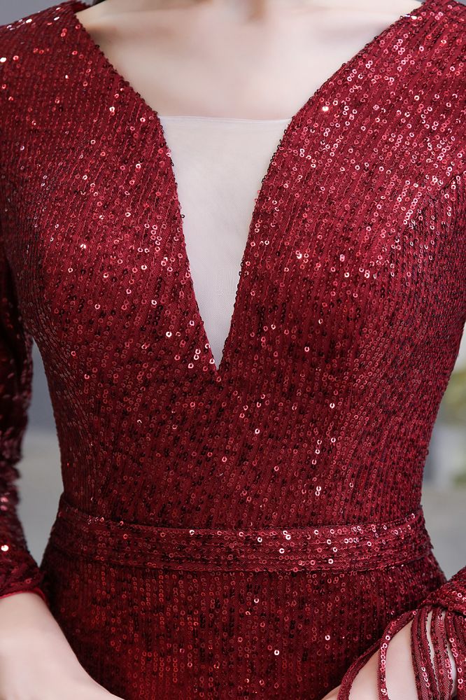 Elegant Sparkle Sequined Burgundy Long Sleeves V-neck Mermaid Long Prom Party Gowns-showprettydress