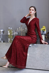 Elegant Sparkle Sequined Burgundy Long Sleeves V-neck Mermaid Long Prom Party Gowns-showprettydress