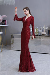 Elegant Sparkle Sequined Burgundy Long Sleeves V-neck Mermaid Long Prom Party Gowns-showprettydress