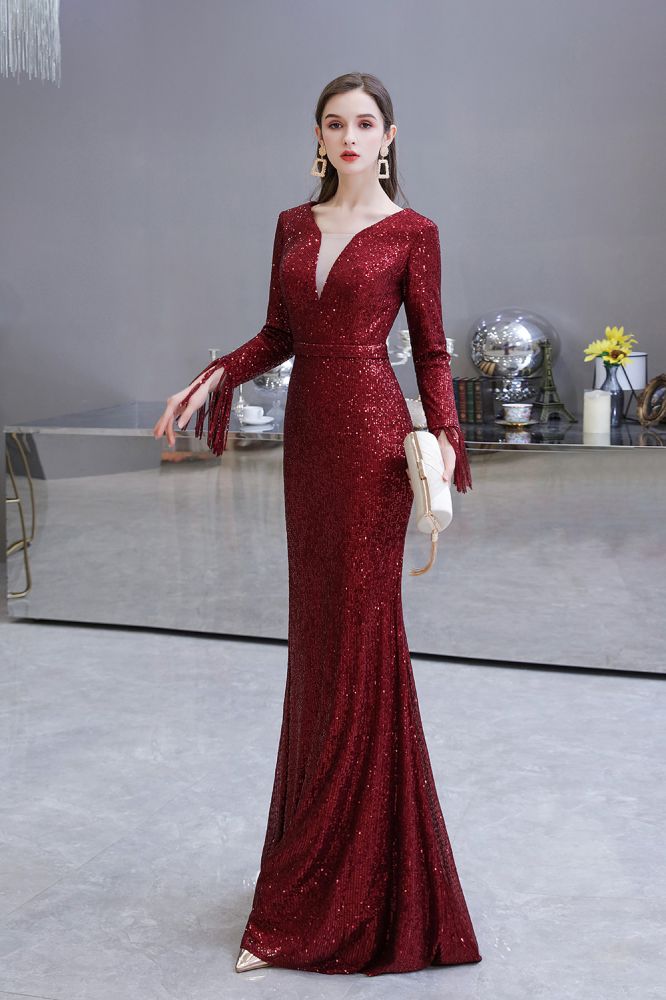 Elegant Sparkle Sequined Burgundy Long Sleeves V-neck Mermaid Long Prom Party Gowns-showprettydress