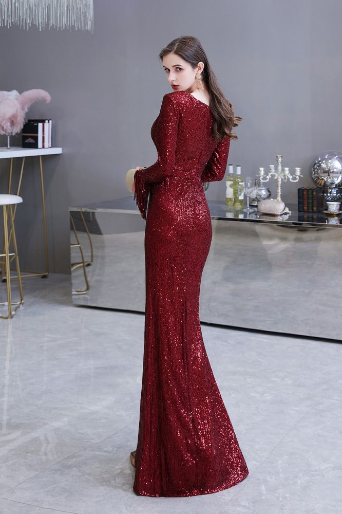 Elegant Sparkle Sequined Burgundy Long Sleeves V-neck Mermaid Long Prom Party Gowns-showprettydress