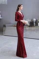 Elegant Sparkle Sequined Burgundy Long Sleeves V-neck Mermaid Long Prom Party Gowns-showprettydress