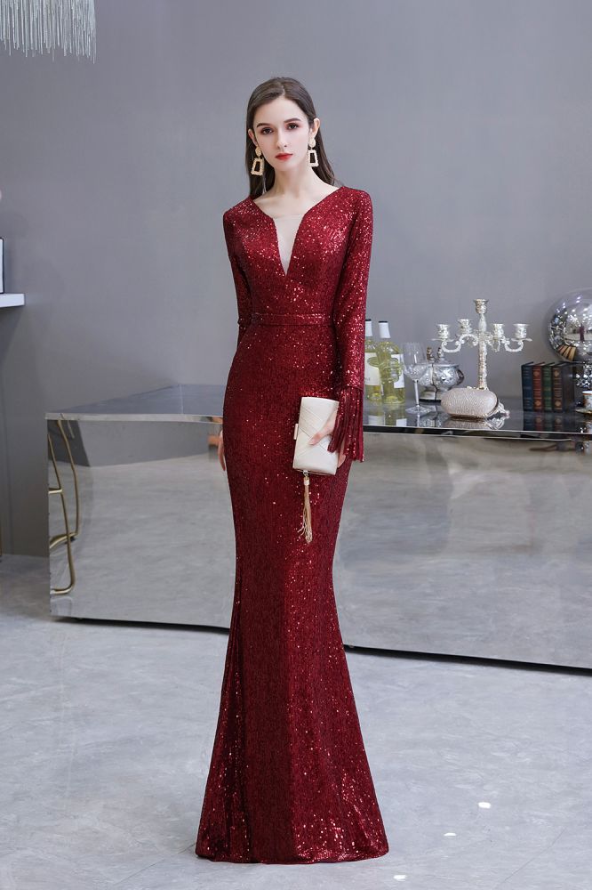 Elegant Sparkle Sequined Burgundy Long Sleeves V-neck Mermaid Long Prom Party Gowns-showprettydress