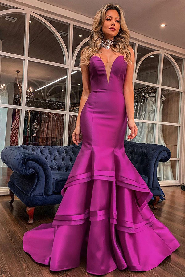 Elegant Strapless Deep V-neck Mermaid Prom Dresses On Sale with Romantic Ruffles-showprettydress