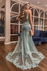 Elegant Sweetheart Mermaid Keyhole Backless Prom Dresses with Tulle Train-showprettydress