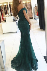 Elegant Tulle Off-the-shoulder Green Mermaid Evening Dress Sequins Lace Long-showprettydress