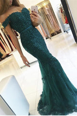 Elegant Tulle Off-the-shoulder Green Mermaid Evening Dress Sequins Lace Long-showprettydress