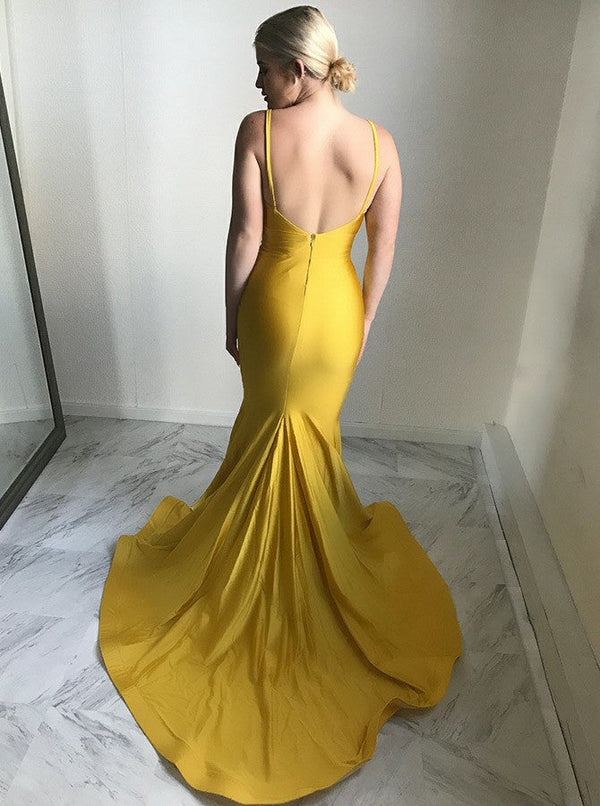 Elegant V-Neck Evening Dress New Arrival Mermaid Yellow Prom Party Gowns-showprettydress