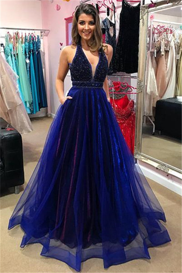 Elegant V-Neck Evening Dress Prom Party Gowns with Beadings-showprettydress