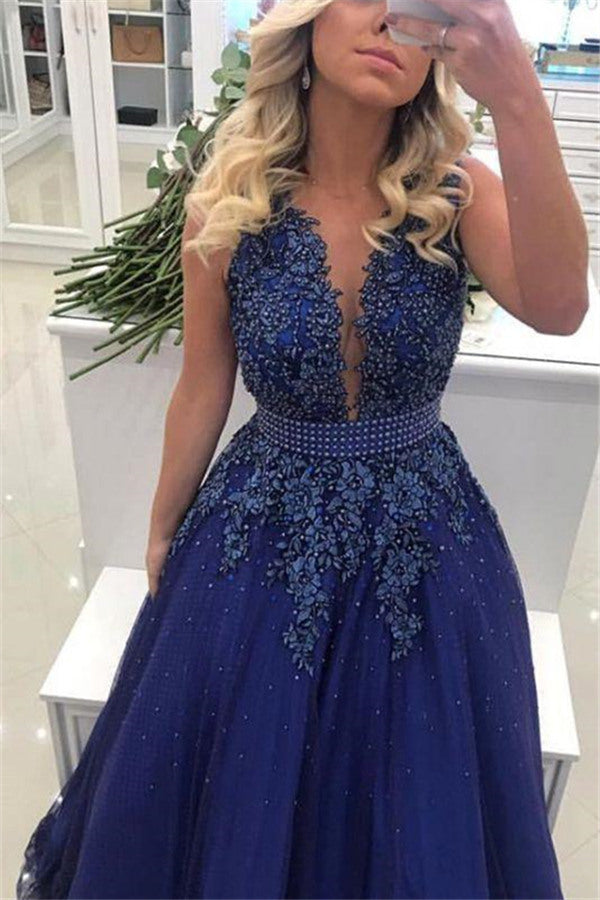 Elegant V-neck Lace Appliques Sleeveless Prom Dresses With Bowknot Beads Waistband Royal Blue Floor Length Beading Evening Gowns-showprettydress