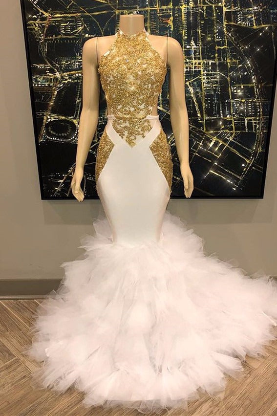 Elegant White And Gold Mermaid Prom Dress Sequins High Collar Chiffon Long-showprettydress