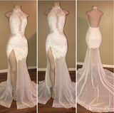 Elegant White Lace Halter Prom Party GownsMermaid Backless Party Dress With Slit-showprettydress