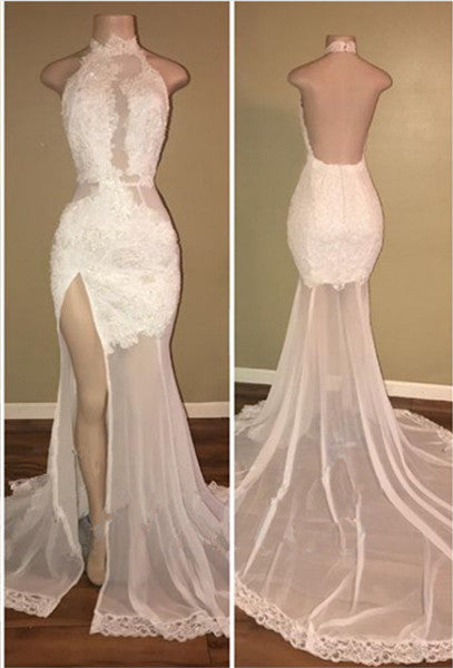 Elegant White Lace Halter Prom Party GownsMermaid Backless Party Dress With Slit-showprettydress