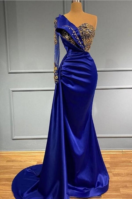 Elgeant Royal Blue One Shoulder Mermaid Prom Dresses with Sleeves-showprettydress