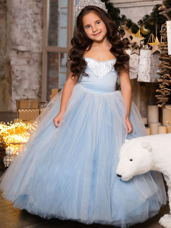 Elsa Square Neck Sleeveless Lace Kids Party Dresses-showprettydress