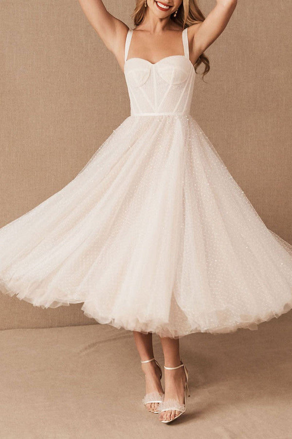 Exclusive White Wedding Dresses T-Length A-Line Sweetheart Pearls Spaghetti Straps Tea Length Bridal Dress-Showprettydress