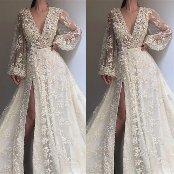 Exquisite Tulle Lace Beading Long Sleevess Prom Party Gowns| Chic V-neck Beading Slit Prom Party Gowns-showprettydress