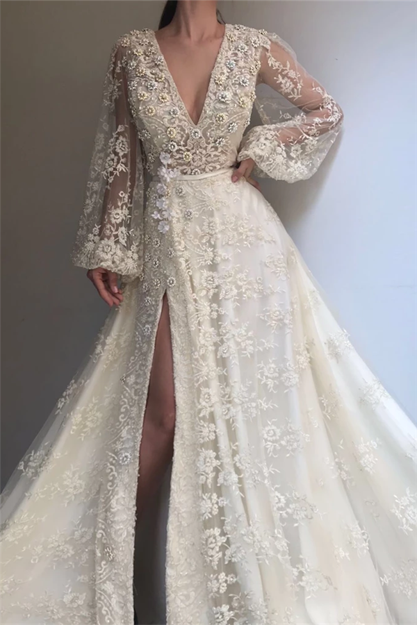 Exquisite Tulle Lace Beading Long Sleevess Prom Party Gowns| Chic V-neck Beading Slit Prom Party Gowns-showprettydress