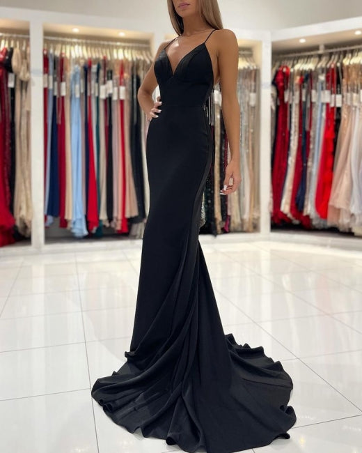 Fabulous Black Spaghetti Straps Mermaid Prom Dresses Long Party Dresses-showprettydress