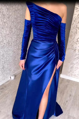 Fabulous Long Sleeves A-line Strapless Satin Evening Prom Dresses With Slit-showprettydress