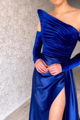 Fabulous Long Sleeves A-line Strapless Satin Evening Prom Dresses With Slit-showprettydress