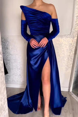 Fabulous Long Sleeves A-line Strapless Satin Evening Prom Dresses With Slit-showprettydress