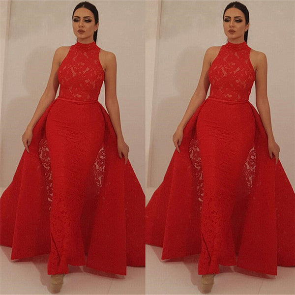 Fantastic High Neck Sleeveless Red Lace Prom Party Gowns| Chic Mermaid Long Prom Party Gowns with Detachable Skirt-showprettydress