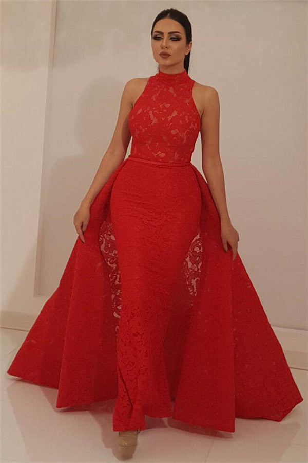 Fantastic High Neck Sleeveless Red Lace Prom Party Gowns| Chic Mermaid Long Prom Party Gowns with Detachable Skirt-showprettydress