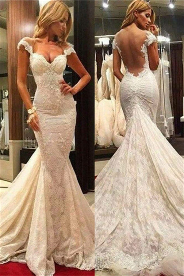 Fit and Flare Lace Wedding Dresses Sheer Tulle Back Wholesale Bridal Gowns with Chapel Train-showprettydress