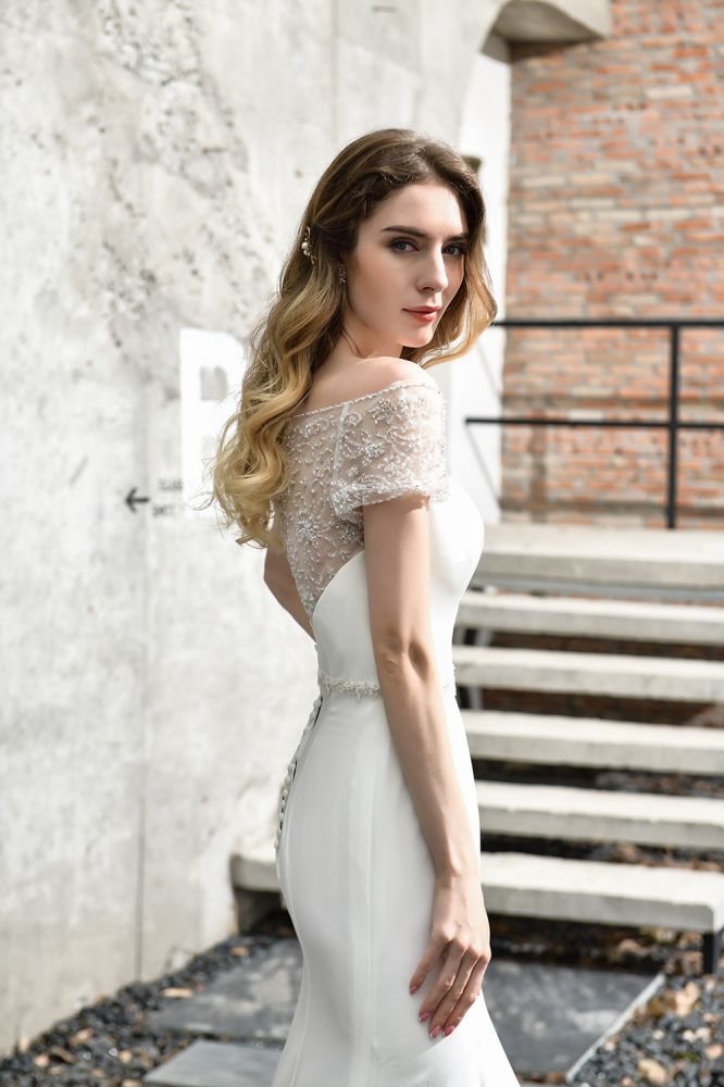 Floral Beaded Cap Sleeve Mermaid Lace Ivory Wedding Dress with Chapel Train-showprettydress