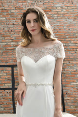 Floral Beaded Cap Sleeve Mermaid Lace Ivory Wedding Dress with Chapel Train-showprettydress