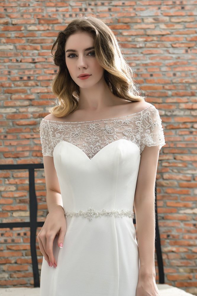 Floral Beaded Cap Sleeve Mermaid Lace Ivory Wedding Dress with Chapel Train-showprettydress