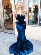 Fomral Winter Ocean Blue Sleeveless Mermaid Velvet Prom Party Gowns-showprettydress