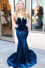 Fomral Winter Ocean Blue Sleeveless Mermaid Velvet Prom Party Gowns-showprettydress