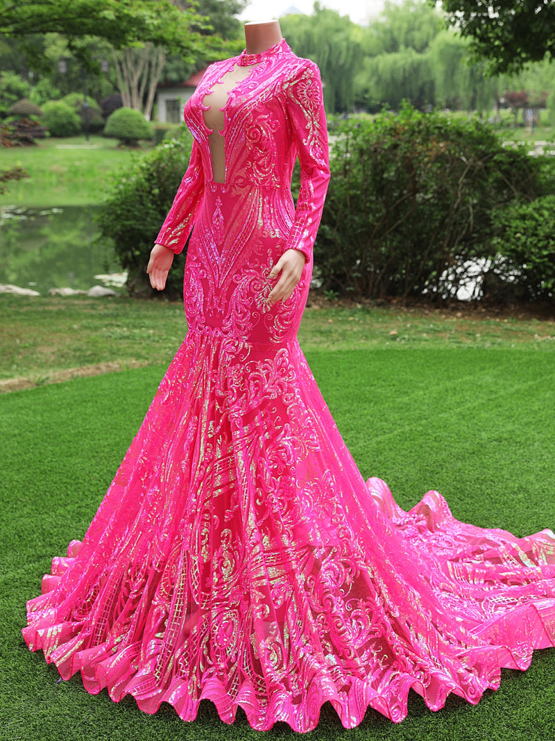 Fuchsia Long Mermaid High Neck Tulle Sequined Prom Dresses with Sleeves-showprettydress