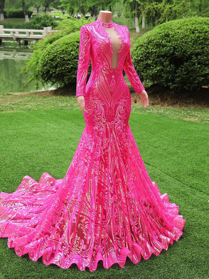 Fuchsia Long Mermaid High Neck Tulle Sequined Prom Dresses with Sleeves-showprettydress