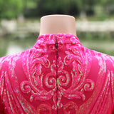 Fuchsia Long Mermaid High Neck Tulle Sequined Prom Dresses with Sleeves-showprettydress