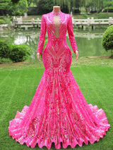 Fuchsia Long Mermaid High Neck Tulle Sequined Prom Dresses with Sleeves-showprettydress