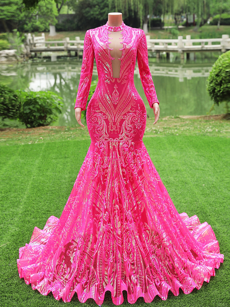 Fuchsia Long Mermaid High Neck Tulle Sequined Prom Dresses with Sleeves-showprettydress