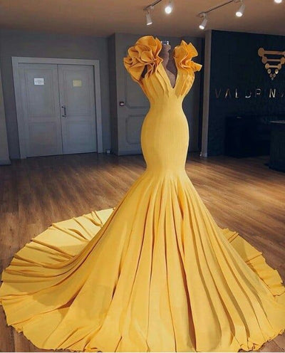 Ginger Yellow Fit and Flare Prom Dresses Ruffles Court Train Wholesale –  showprettydress